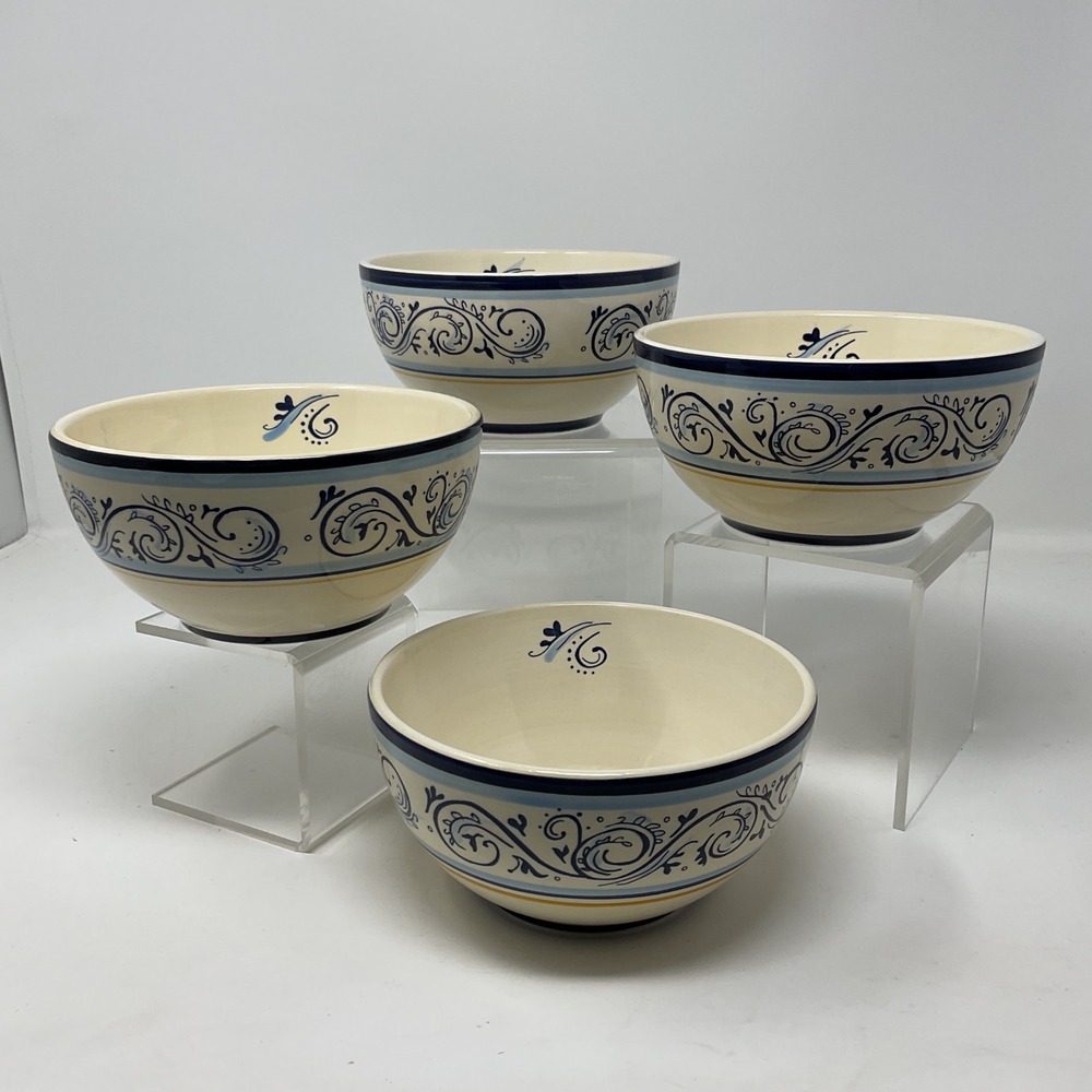 Better Homes and Gardens Renes Blue Scroll Ceramic Bowls Set of 4 Lot #1